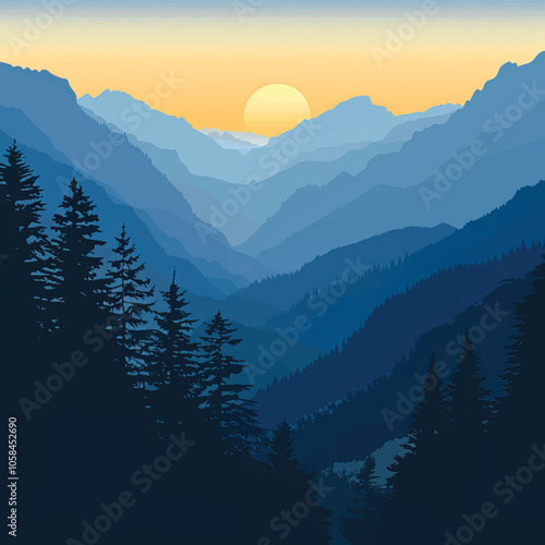  A valley with distant mountains. silhouette illustration