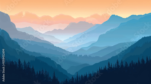  A valley with distant mountains. silhouette illustration