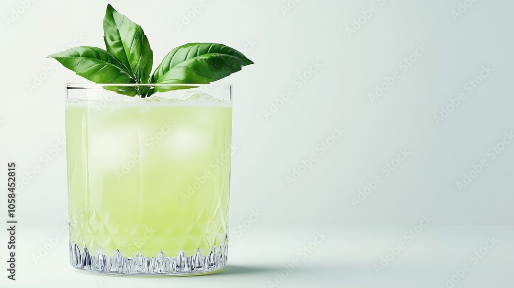 A refreshing cocktail garnished with basil leaves, served in a crystal glass, ideal for warm days and relaxation. A refreshing cocktail garnished with basil leaves, served in a crystal glass, ideal for warm days and relaxation.