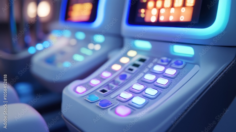 Closeup of a Medical Control Panel with Illuminated Buttons Closeup of a Medical Control Panel with Illuminated Buttons
