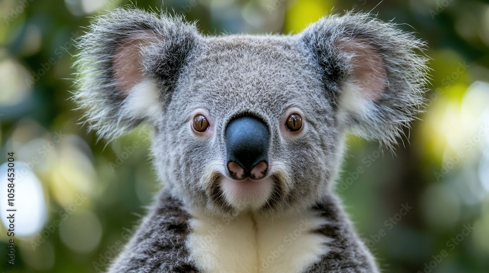 Close-up portrait of a koala looking directly at the camera with a soft, blurry green background. Close-up portrait of a koala looking directly at the camera with a soft, blurry green background.