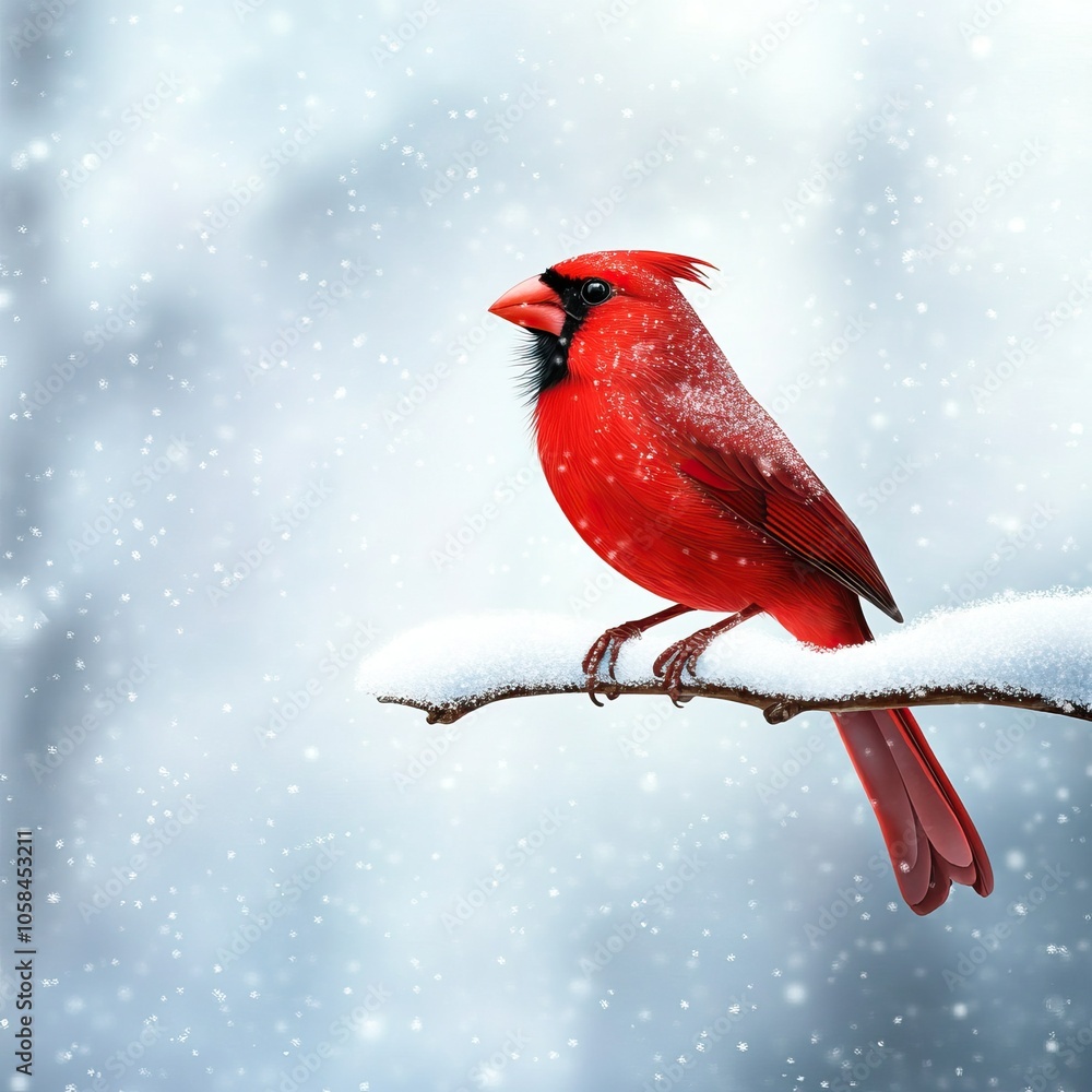 A vibrant red cardinal perched on a snowy branch, surrounded by falling snowflakes, creating a picturesque winter scene.