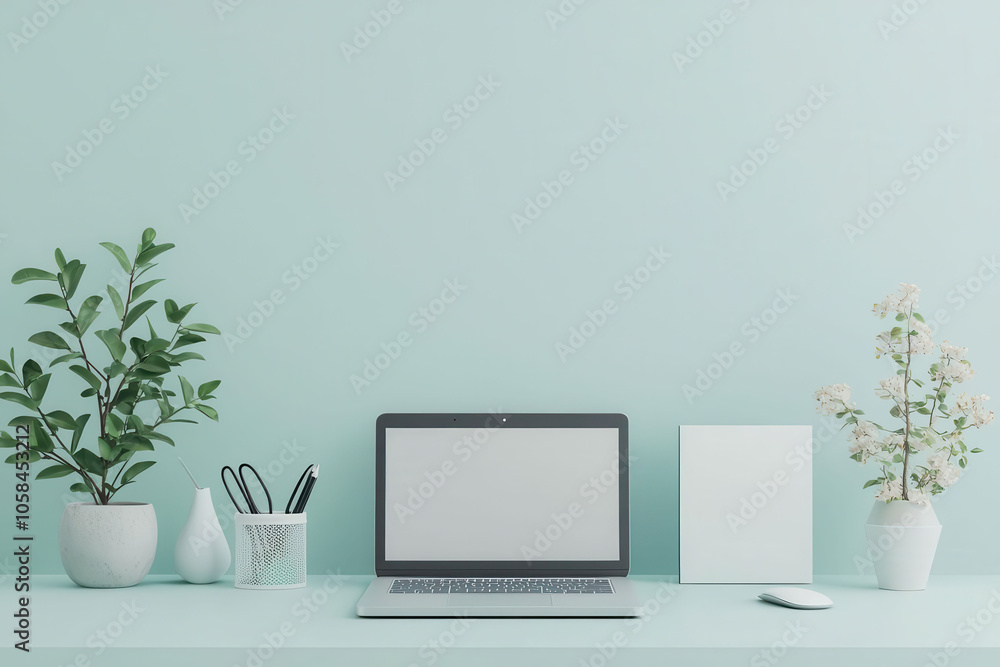 New hire desk setup, laptop and welcome kit, 3D illustration New hire desk setup, laptop and welcome kit, 3D illustration