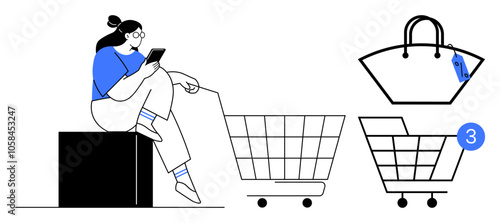 Woman sitting on a block using a smartphone, shopping cart, handbag with price tag and notification symbol, additional shopping cart icon. Ideal for e-commerce, online shopping, mobile app, digital