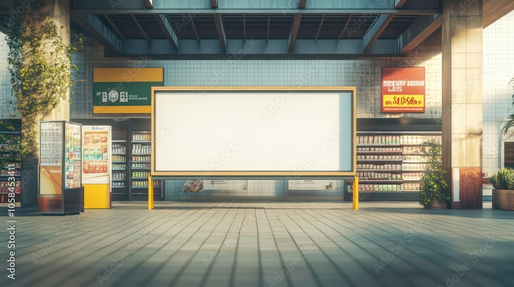 A blank billboard on a pastel wall with a bench and vending machines nearby. A blank billboard on a pastel wall with a bench and vending machines nearby.