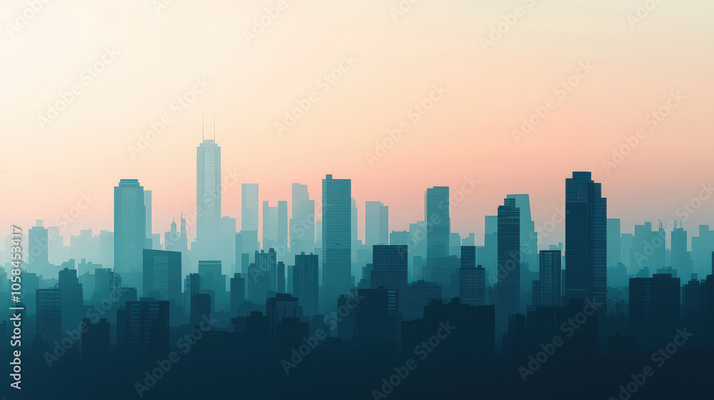 City skyline with tall buildings under hazy sky, showcasing urban architecture and serene atmosphere. silhouette creates tranquil yet vibrant cityscape City skyline with tall buildings under hazy sky, showcasing urban architecture and serene atmosphere. silhouette creates tranquil yet vibrant cityscape