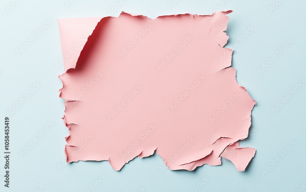 A torn pink sheet of paper on a light blue background, showcasing its textured edges and minimalist design. A torn pink sheet of paper on a light blue background, showcasing its textured edges and minimalist design.