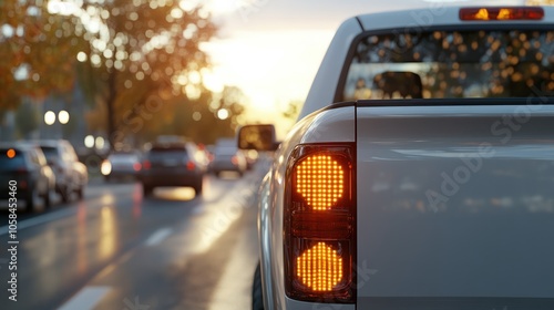 Rear side of white pickup car on the aspahlt road. Transtport of car turn on brake light in the business time environment of moring time. Traffic congestion and queues of cars. photo