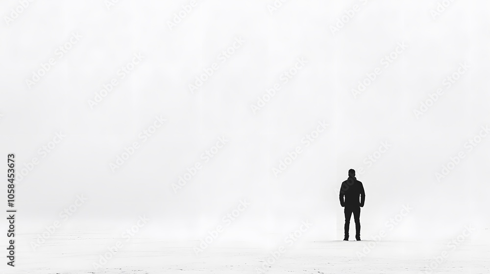 A solitary figure standing in a vast, foggy expanse. A solitary figure standing in a vast, foggy expanse.