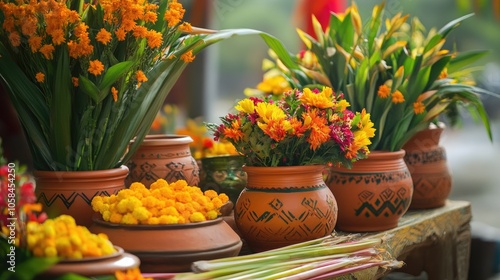 Wallpaper Mural Traditional Pongal festival display with vibrant pots, flowers, and sugarcane, capturing the essence of Tamil Nadu celebrations. Torontodigital.ca