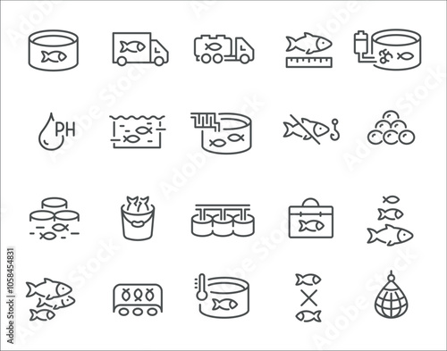 Fish farming seafood factory processing minimalist line art icon set vector illustration