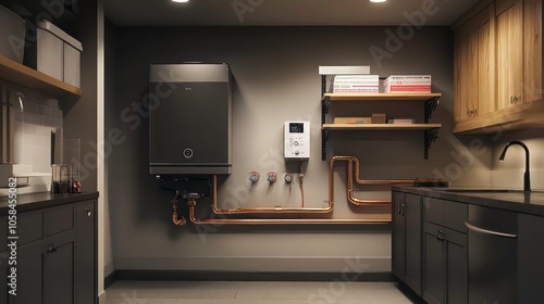 Modern utility room featuring a heating unit and organized cabinetry.