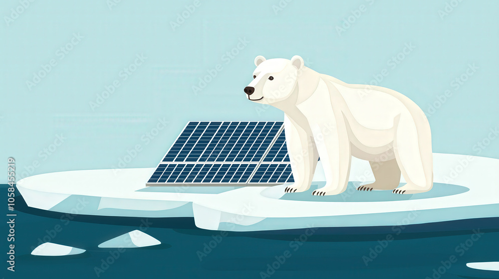 Fototapeta premium Polar bear on shrinking ice near solar panels, symbolizing renewable energy and climate change. This highlights impact of global warming on wildlife