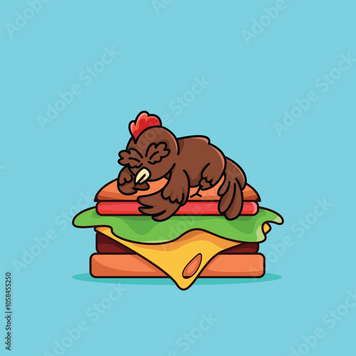 illustration of a brown chicken sleeping on a hamburger