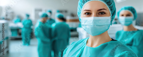 healthcare worker in cleanroom environment wearing mask and cap, smiling confidently. background shows colleagues in similar attire, emphasizing teamwork and professionalism