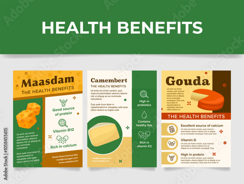 Cheese health benefit dairy product nourishment poster design template set isometric vector