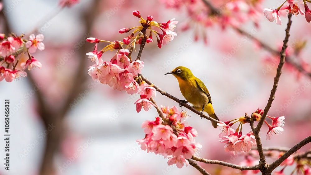 Vibrant bird perched on a flowering branch Vibrant bird perched on a flowering branch