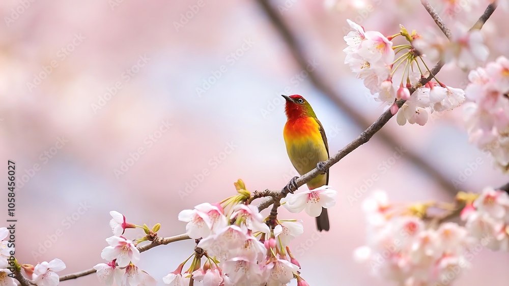 Vibrant bird perched on a flowering branch Vibrant bird perched on a flowering branch