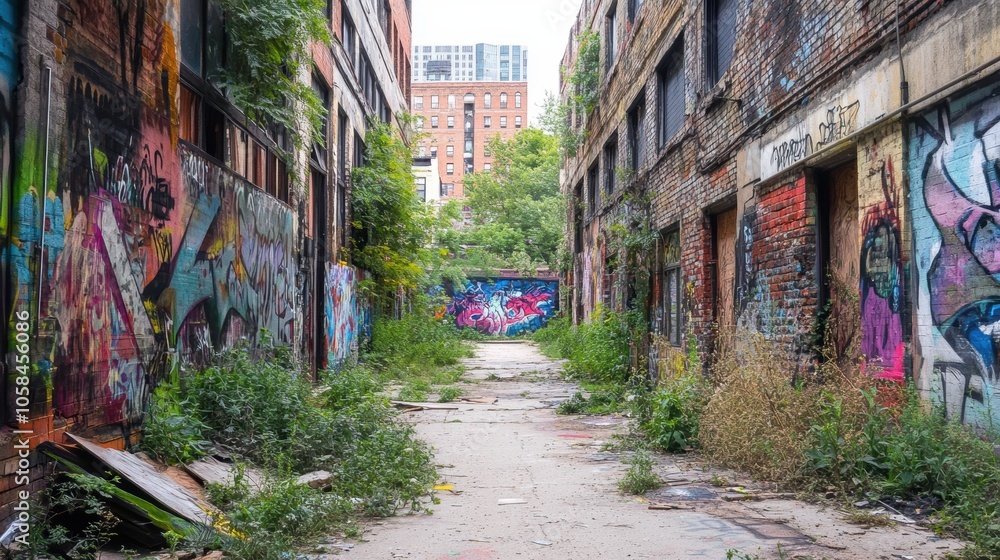 Fototapeta premium Abandoned Urban Alleyway with Colorful Graffiti