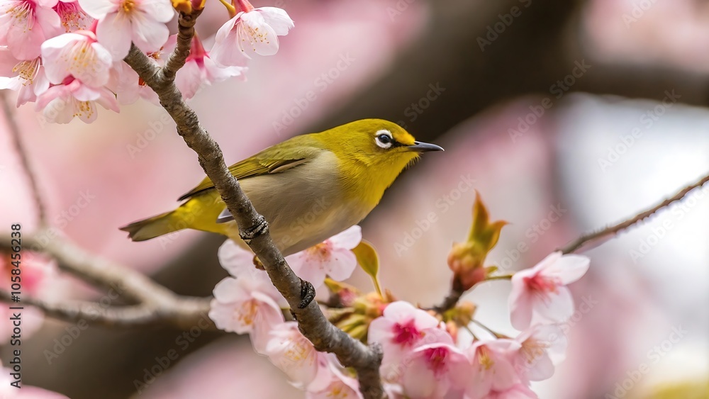 Vibrant bird perched on a flowering branch Vibrant bird perched on a flowering branch