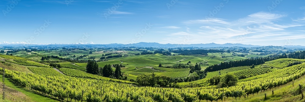 Majestic Vineyard Panorama: Stunning Grapevines Stretching Across Rolling Hills under Clear Blue Sky - Ultra-Detailed Landscape Photography Majestic Vineyard Panorama: Stunning Grapevines Stretching Across Rolling Hills under Clear Blue Sky - Ultra-Detailed Landscape Photography