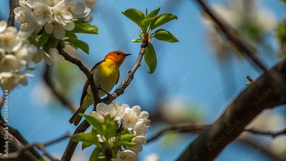 Vibrant bird perched on a flowering branch Vibrant bird perched on a flowering branch