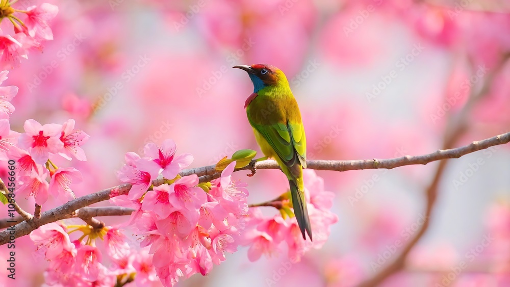 Vibrant bird perched on a flowering branch Vibrant bird perched on a flowering branch