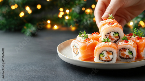 hand with plate of salmon sushi rolls with fresh ingredients, topped with delicate garnishes