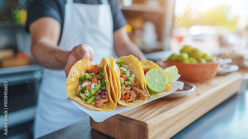 chef hands over a plate of delicious, freshly made street tacos filled with seasoned meat