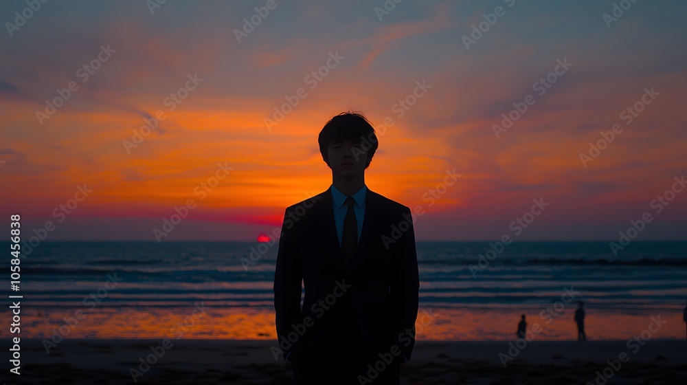 Fototapeta premium Silhouette of a young Asian man in a suit against a vibrant sunset backdrop.