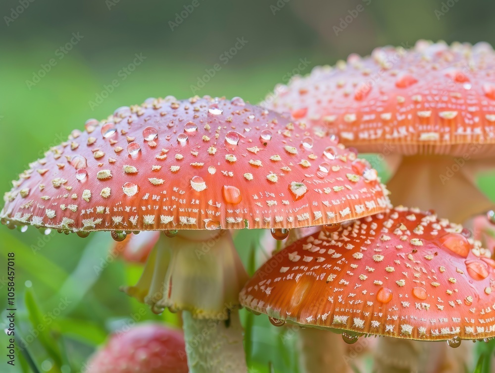 Obraz premium Group of Red Capped Mushrooms with Water Droplets