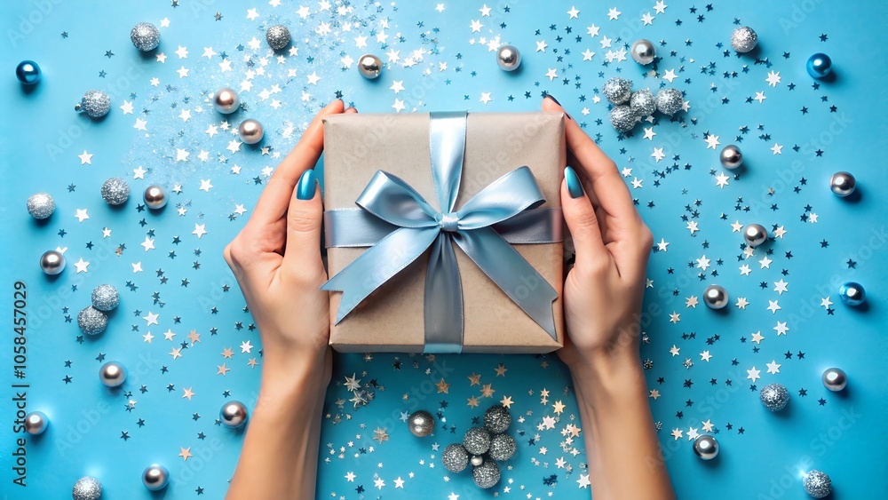 a woman holding a gift with a blue ribbon a woman holding a gift with a blue ribbon