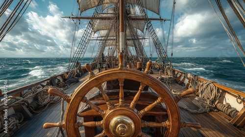 Closeup view of a steering wheel on a boat in the ocean