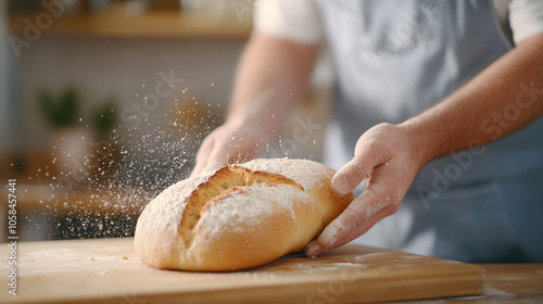 baker handling freshly baked bread in a warm
