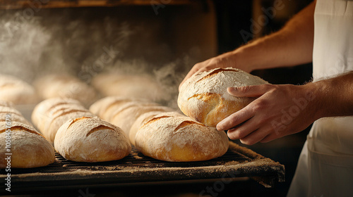 baker handling freshly baked bread in a warm