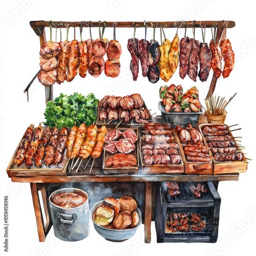 watercolor painting of a street food stall with a variety of fresh salads, on isolated white background
