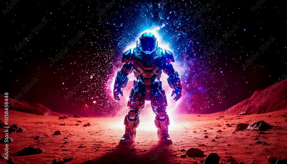 Astronaut in armored, robotic spacesuit in action on planet surface, Starship troopers, space exploration, galaxy study mission, space science. Explosion, unfriendly planet, space war, robot astronaut Astronaut in armored, robotic spacesuit in action on planet surface, Starship troopers, space exploration, galaxy study mission, space science. Explosion, unfriendly planet, space war, robot astronaut