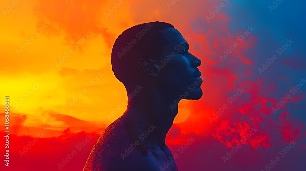Silhouette of a young Black male against a vibrant sunset backdrop. Silhouette of a young Black male against a vibrant sunset backdrop.