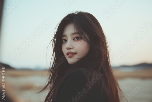 Young woman with long hair smiles softly against a serene outdoor backdrop during golden hour in a natural setting