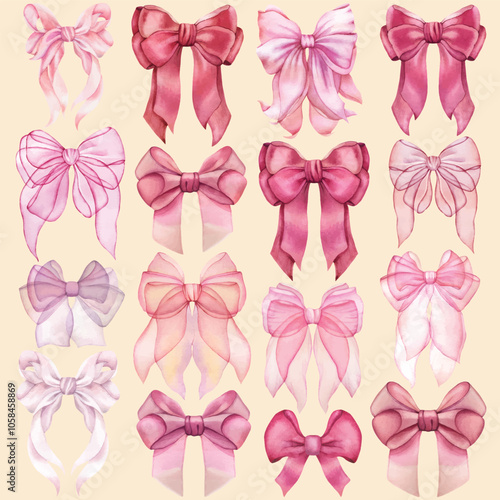 Set of trendy pink, red coquette ribbon bow. Watercolor hand drawn illustration isolated, white background. Soft pastel colors.Wedding invitation, party decoration, greeting card. Knot symbol. Vintage