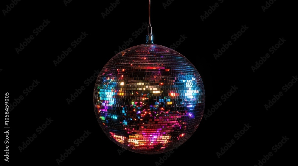 Fototapeta premium A vibrant disco ball sphere illuminated with colorful disco lights, perfect for captivating party scenes; a dynamic disco ball sphere enveloped in multicolored disco lights, ideal for festive party.