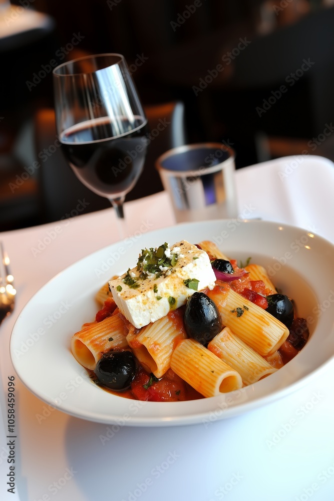 Delicious rigatoni pasta with feta cheese, olives, and a glass of red wine served in an elegant restaurant setting Delicious rigatoni pasta with feta cheese, olives, and a glass of red wine served in an elegant restaurant setting