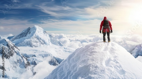 Ice climber scaling massive glacier wall, gear glistening with frost, raw winter challenge