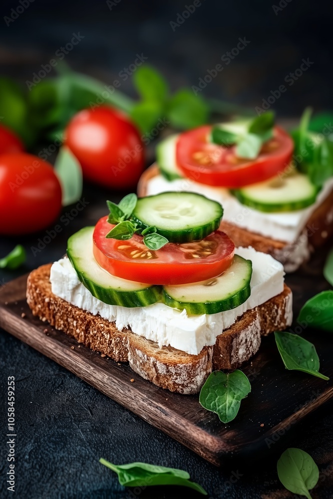 Freshly prepared open-faced sandwiches topped with cucumbers, tomatoes, and herbs on dark wooden cutting board in a cozy kitchen setting Freshly prepared open-faced sandwiches topped with cucumbers, tomatoes, and herbs on dark wooden cutting board in a cozy kitchen setting