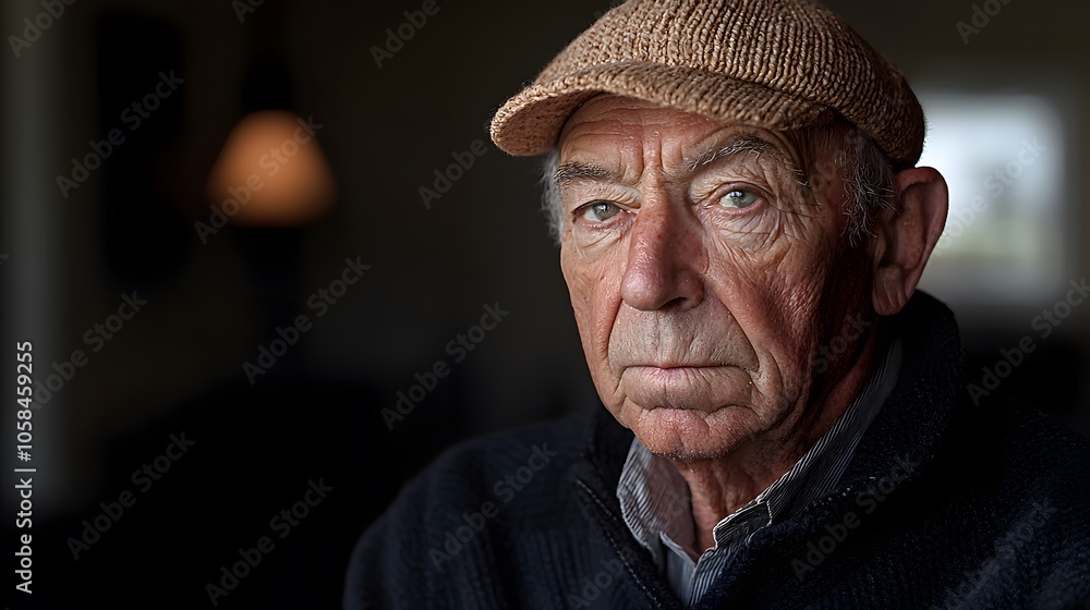 Elderly man with a thoughtful expression, wearing a cap indoors. Elderly man with a thoughtful expression, wearing a cap indoors.