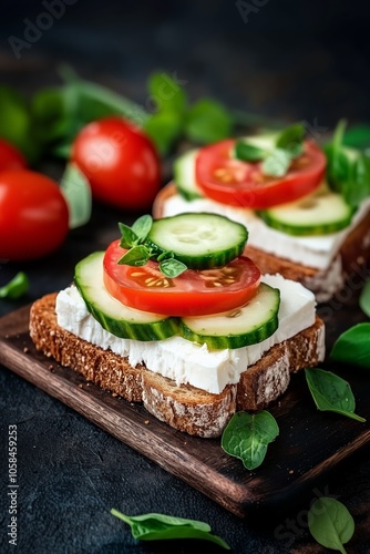 Freshly prepared open-faced sandwiches topped with cucumbers, tomatoes, and herbs on dark wooden cutting board in a cozy kitchen setting