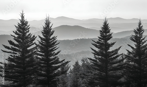 Black and white photo of three pine trees in the foreground with a mountain range behind them.