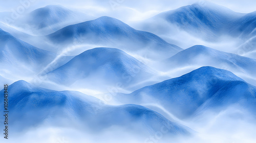 Abstract mountain landscape with misty blue hills and fog.