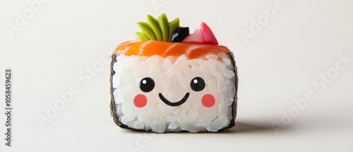 Create an adorable image of a single cute sushi roll with a cheerful face and colorful toppings, set against a pristine white background to emphasize its charming details and deliciousness. 