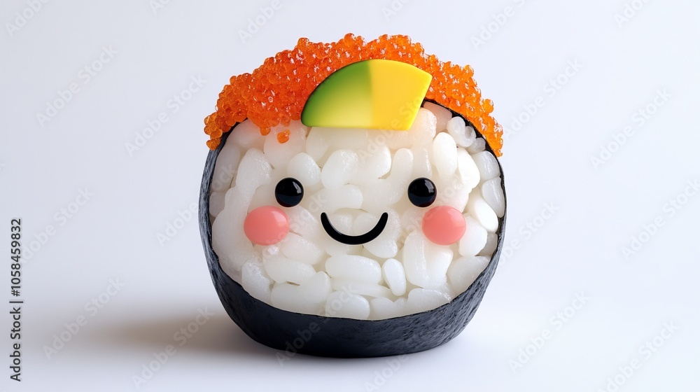 Create an adorable image of a single cute sushi roll with a cheerful face and colorful toppings, set against a pristine white background to emphasize its charming details and deliciousness. Create an adorable image of a single cute sushi roll with a cheerful face and colorful toppings, set against a pristine white background to emphasize its charming details and deliciousness.